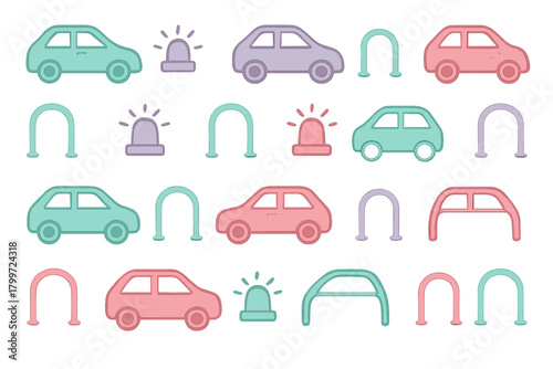 Cute pastel cars, flashing emergency beacons, and U-shaped barriers seamless pattern