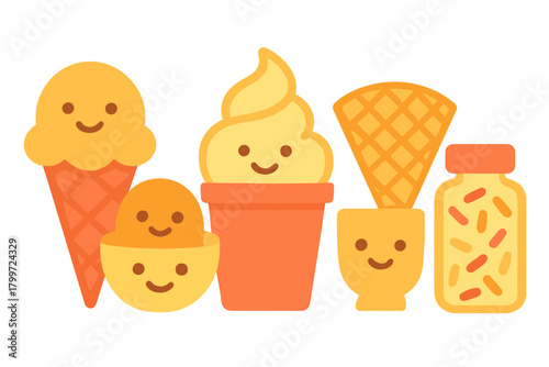 Cute smiling ice cream treats set featuring soft serve cone scoop bowl and jar of sprinkles