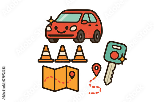 Essential icons set for driving school lessons featuring car, cones, map, and key