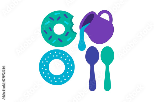 Sweet frosted donuts, purple pitcher pouring blue liquid, and two simple spoons