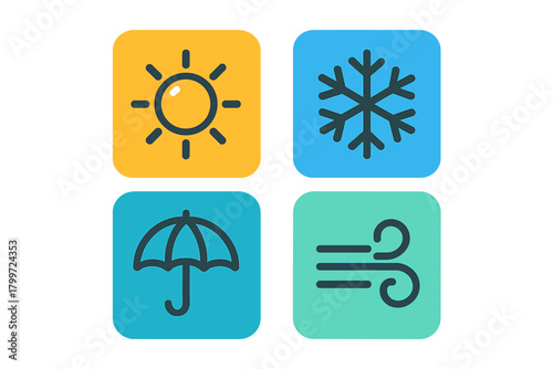 Simple graphic symbols for weather forecasting showing sun, snow, rain, and strong wind