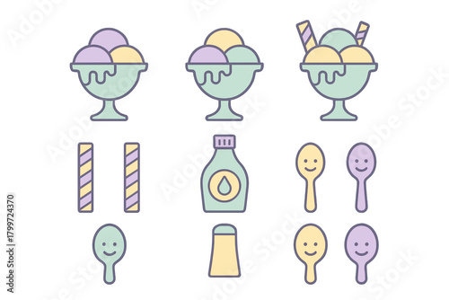 Set of pastel colored ice cream sundaes, dessert toppings, and cute smiling spoons