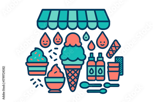 Colorful collection of ice cream shop elements featuring cones sundaes toppings spoons and store awning