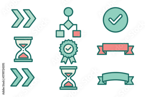 Business process symbols featuring flowchart, hourglass, checkmark, arrows, and decorative ribbons set