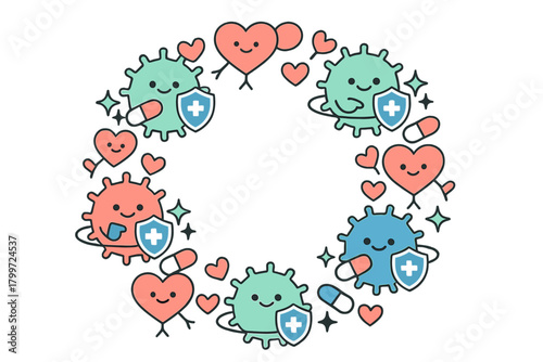 Kawaii microbes holding protective shields and medicine capsules in a circular frame border