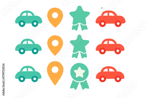 Seamless pattern of stylized cars location pins and award badges in bright colors