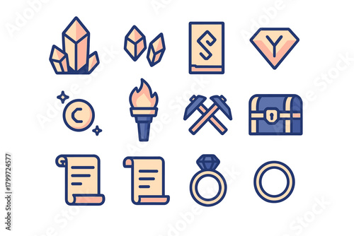 Fantasy game icons set featuring magic crystals, treasure chest, ancient scrolls, and diamond rings