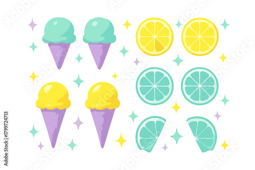 Seamless pattern of bright pastel ice cream cones and fresh citrus fruit slices with sparkling stars