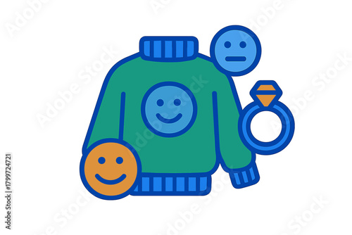 Green sweater with happy and neutral face icons alongside a large diamond engagement ring