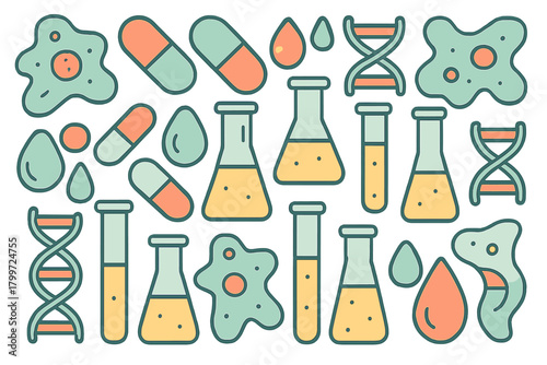 Seamless pattern featuring laboratory equipment, biological elements, and medical capsules for science background