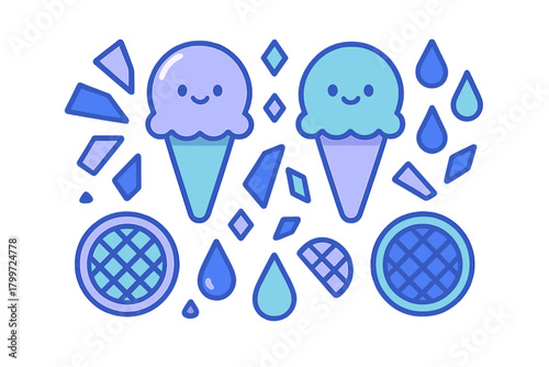 Cute smiling ice cream cones with waffle cookies and abstract blue shapes pattern design