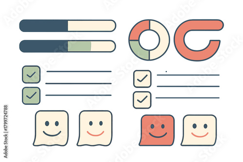 Minimalist user interface components featuring progress indicators, data charts, task checklists, and feedback icons