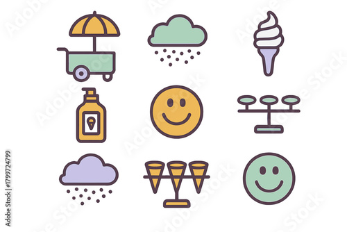 Colorful flat design symbols featuring ice cream, weather conditions, and positive emotion faces