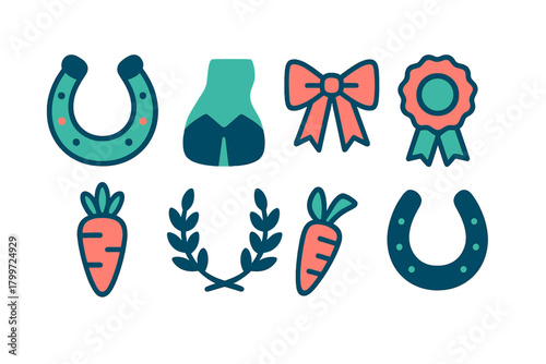 Stylized collection of horse racing and equestrian sport symbols like horseshoes, carrots, and awards