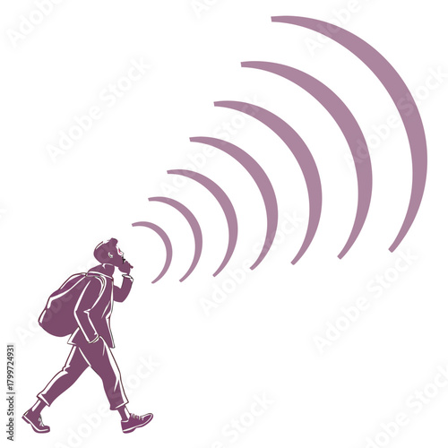 A hiker walking with sound waves emanating from a device in their hand