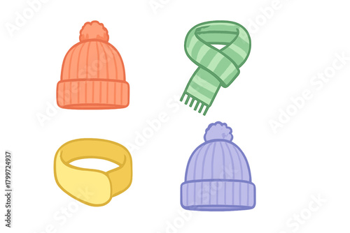 Cozy cold weather apparel assortment featuring knitted beanies, striped scarf, and neck gaiter