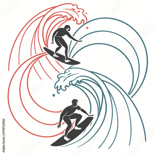Two surfers riding waves in a stylized minimalist illustration