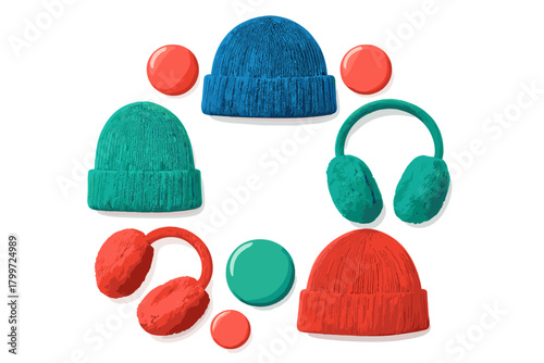 Colorful collection of winter knit hats and fuzzy earmuffs arranged on a clean white background