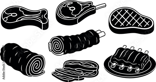 Various types of grilled meat cuts vector collection black and white design illustration for barbecue and cooking themes