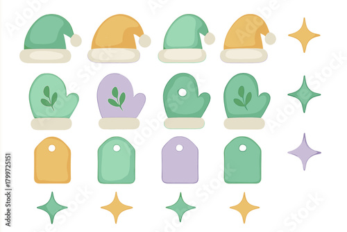 Pastel winter holiday elements set with Santa hats mittens gift tags and stars