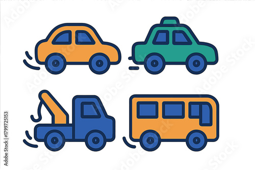 Four colorful transportation vehicles including a sedan, taxi, tow truck, and city bus