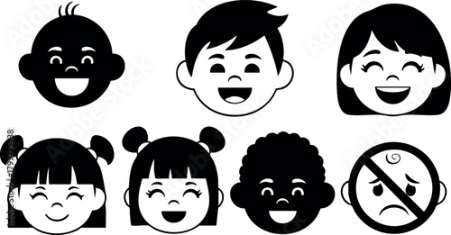 Diverse happy children faces with different hairstyles and expressions vector icons collection