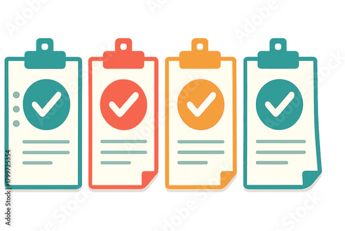 Multiple colorful clipboards showing successful completion and approved tasks