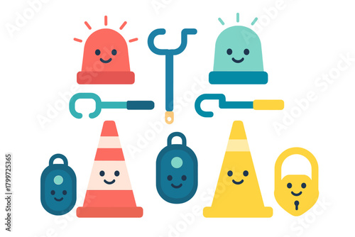 Cute safety and security equipment icons including smiling traffic cones and flashing warning lights