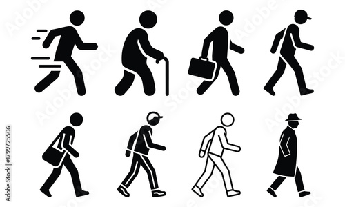 Diverse group of people walking in silhouette representing different ages and activities.
