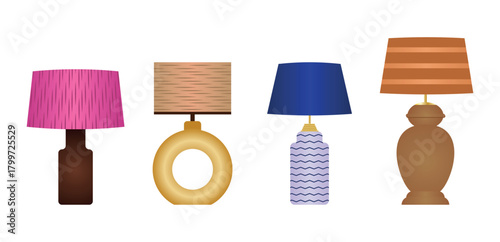 A collection of elegant table lamps for interior design. Colorful table lamps in a modern style, set of four. Vector illustration.