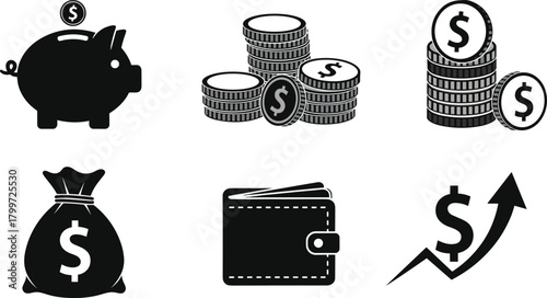 PrintFinance icon set, piggy bank symbol, coin stack graphic, wallet illustration, money bag vector, financial growth chart, savings concept design