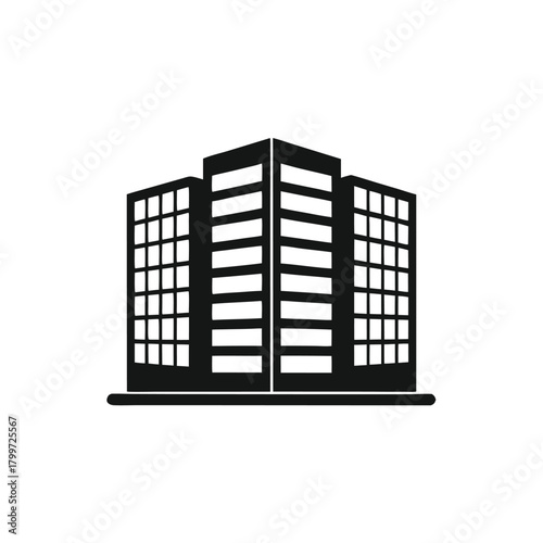 Three sleek skyscraper buildings rise against a stark white canvas, creating an urban landscape