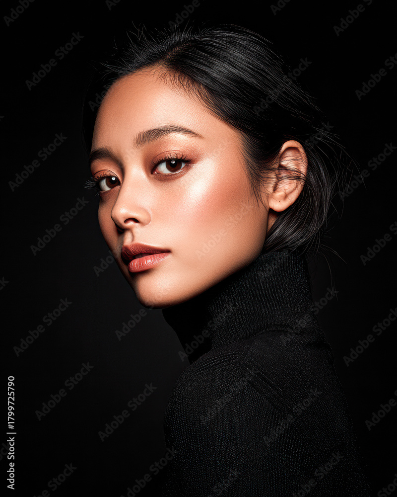 Fototapeta premium A close-up portrait of a woman with a soft glow, featuring elegant makeup and dark attire against a black background, exuding confidence and sophistication.