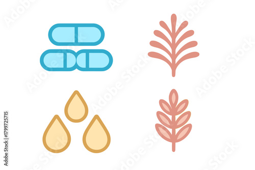 Stylized icons representing pharmaceutical capsules, essential oil drops, and natural botanical ingredients
