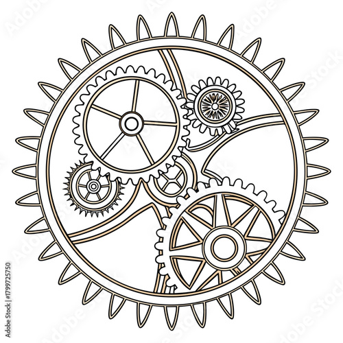 Intricate mechanical gears and cogs illustrated in a detailed circular design