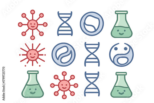 Seamless pattern of cute smiling scientific icons: DNA, virus, cell, and lab equipment