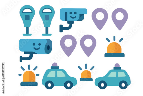 Urban security, location, and service graphics featuring police cars, surveillance cameras, and parking meters