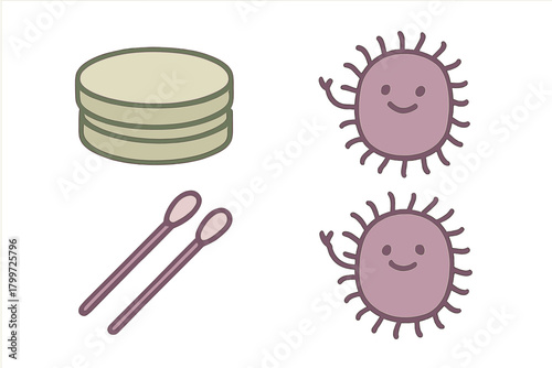Smiling cartoon microbes with petri dishes and cotton swabs for scientific research