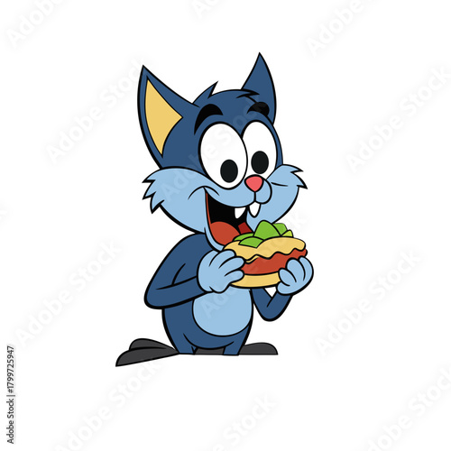 Cute cartoon blue cat character happily eating a delicious hot dog isolated on white background isolated on transparent background