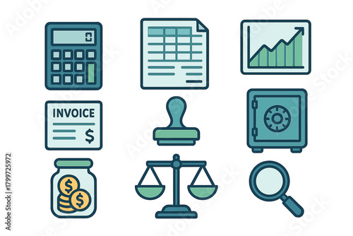 Business finance accounting and legal symbols including calculator graph invoice safe and balance scale