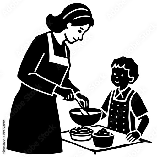 Mother and child preparing food together in the kitchen isolated on white background isolated on transparent background