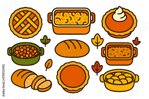 Traditional autumn holiday dinner dishes and baked goods collection including pies and casseroles