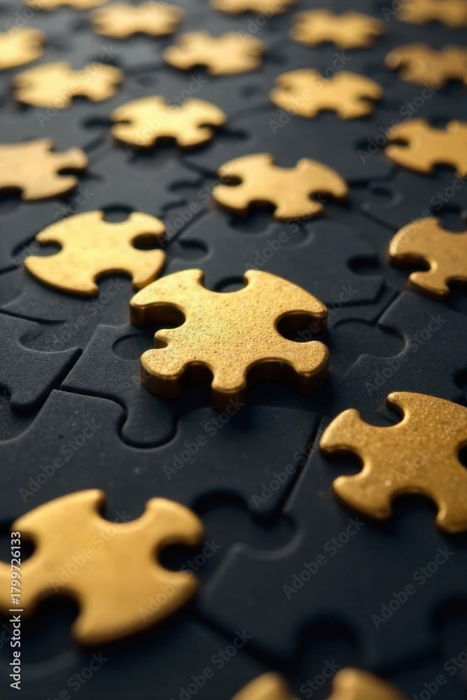 Fototapeta premium Close up abstract view of shiny metal puzzle pieces forming a crossword grid pattern, focusing on reflections and metallic textures. A tightly cropped, macro photograph of highly reflective, metallic