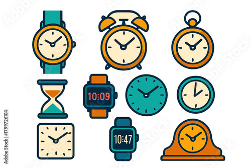 Assortment of timepieces including analog and digital watches, alarm clocks, and an hourglass