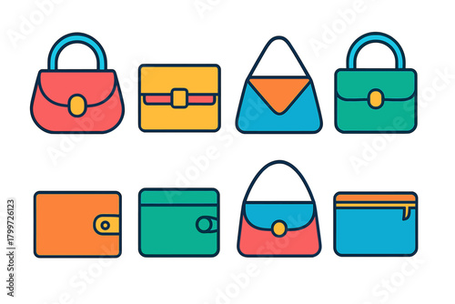 Colorful collection of fashion accessories including purses, handbags, and wallets