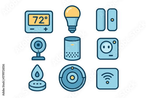 Set of smart home technology devices including thermostat, security camera, speaker, and robot vacuum