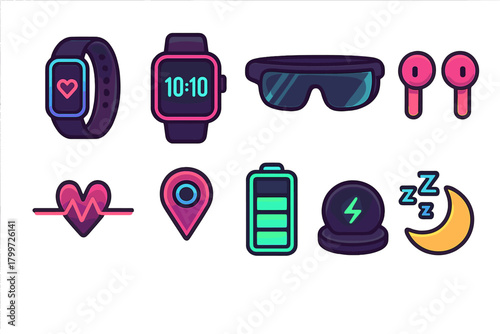 Modern neon gradient icons for smart wearable devices fitness tracking and digital lifestyle
