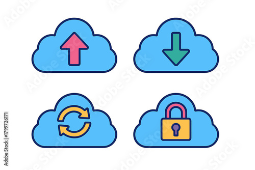 Colorful cloud computing icons representing data upload, download, synchronization, and security protection