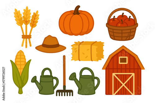 Set of agricultural and seasonal harvest objects including pumpkin, corn, wheat, and barn