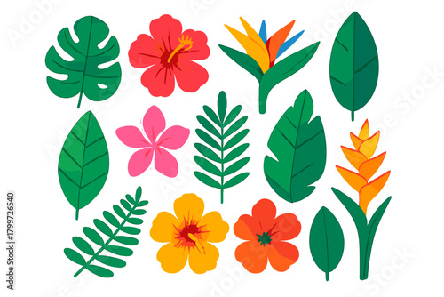 Vibrant collection of exotic tropical flowers and lush green foliage elements